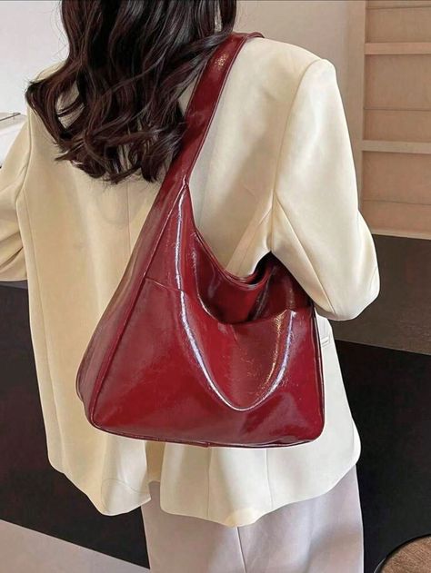 Large Capacity Women's Bag, Shoulder Bag, New Trendy And Fashionable Wide Strap Underarm Bag, Women's Shoulder Bag, Slouchy Style Soft Face Bright Color Handbag, Popular Niche Design Tote Bag This Year, College Student Classroom Outfit Book Bucket Bag, Suitable For Giving Friends Shopping, Dates, Business Trips, Commuting Use Red Elegant,Minimalist   PU Leather Plain Baguette Bag   Women Bags, size features are:Bust: ,Length: ,Sleeve Length: Burgundy Tote Bag, Friends Shopping, Shoulder Bag Outfit, Burgundy Bag, Color Borgoña, Trendy Business Casual, Slouchy Style, Popular Handbags, Commuter Bag