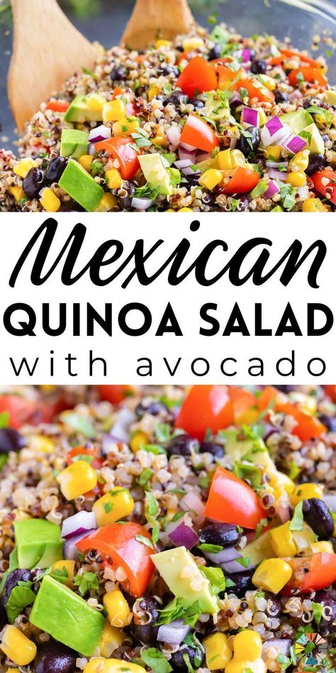 Mexican quinoa salad with avocado is so delicious, healthy, and is great for any occasion! This quinoa salad is tossed in a vegan, vegetarian, and gluten free homemade dressing that makes the salad delicious. This Mexican quinoa salad with avocado is the perfect lunch or dinner that can be thrown together in under an hour. Filled with beans, corn, tomatoes, avocado, and more, this salad is a good way to get your veggies. Try this simple salad today! Quinoa Salad With Avocado, Mexican Quinoa Salad, Mexican Quinoa, Salad With Avocado, Healthy Mexican, Quinoa Healthy, Quinoa Salad Recipes, Potluck Dishes, Perfect Lunch