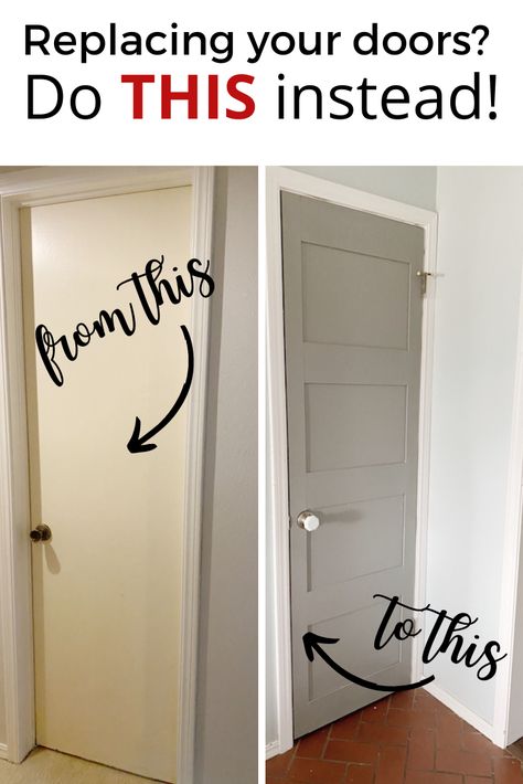 Give your flat door a panel door makeover for under $20! Update your interior doors on a dime with this hack and save tons of money, not to mention a huge headache from having to fit new doors into a home that has settled. #diy #farmhouse #doors How To Make Cheap Doors Look Better, Transform Flat Panel Doors, Fake Door Panels, Faux Door Panels, Wood Door Update, Update Indoor Doors, Decorate Plain Door, Hallway Door Makeover, Diy Internal Door Makeover