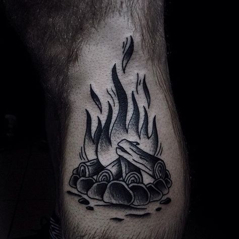 Traditional style black campfire tattoo on the right calf Campfire Tattoo, Memorial Tattoos Mom, Camping Tattoo, Related Tattoos, Hip Thigh Tattoos, Bestie Tattoo, 13 Tattoos, Western Tattoos, Fire Tattoo