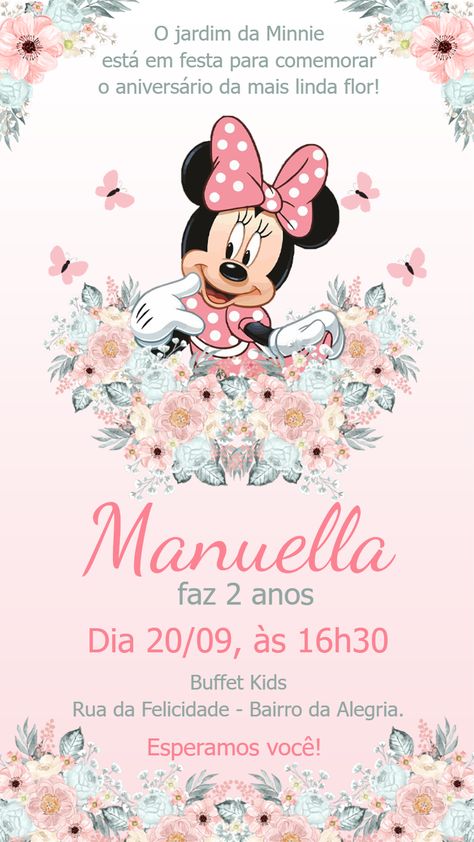 Edita gratis con nuestro editor online | Design by Débora Salvo Conviteria | Invitación de cumpleaños del Jardín Encantado de Minnie Mouse Minnie Mouse Invitation Template, Minnie Y Daisy, Online Design, Minnie Mouse, Birthday