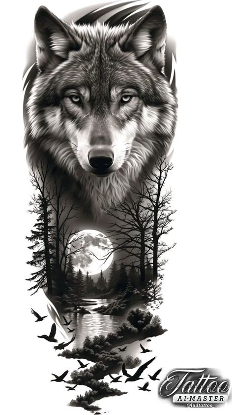 Black And Grey Realism Tattoo Design, Shen Long Tattoo, Wolf Sleeve, Cubs Tattoo, Mandala Hand Tattoos, Hyper Realistic Tattoo, Wolf Tattoo Sleeve, Native Tattoos, Half Sleeve Tattoos For Guys