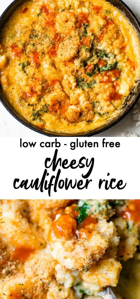 Cheesy Cauliflower Rice combines cauliflower rice, cheese and shrimp into one delicious, low carb dinner recipe. It's topped with breadcrumbs and ready in 30 minutes and a great way to switch up your normal dinner routine. Cauliflower Rice Cheese, Cauliflower Rice Skillet, Cheesy Cauliflower Rice, Cauliflower Bake, Keto Sides, Rice Skillet, Lazy Keto, Cauliflower Dishes, Cauliflower Rice Recipes