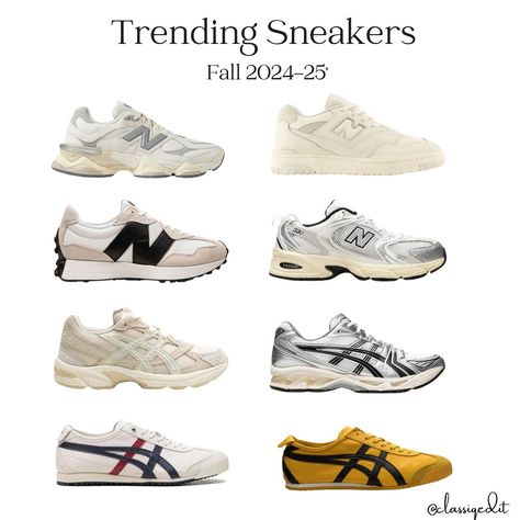 Trending Sneakers 👟 Fall 2024 -25’ 3 Sneaker brands that will hold their popularity through fall/winter. We saw a huge spike in interest for these sneakers in the past year and they are here to stay. New balance 9060 New balance 550 New balance 327 New balance 530 ASICS gel 1130 ASICS kayano 14 Onitsuka Tiger Mexico 66 - #sneakers #sneakertrends 9060 New Balance, 327 New Balance, 550 New Balance, Asics Gel 1130, Asics Kayano, New Balance 9060, Tiger Mexico 66, Onitsuka Tiger Mexico 66, Balance 550