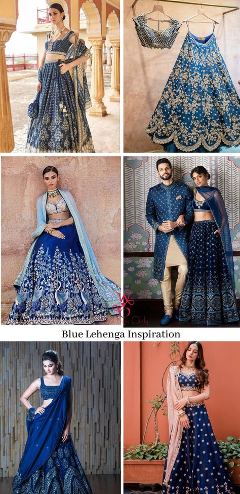 Wearing a blue bridal lehenga for your big day? These blue bridal lehengas will up your glamour quotient. The unique lehenga is in huge demand nowadays. Take cues from these designer lehenga. #blue #bluelehenga #bluecoloredoutfits #bluedresses #bridalehenga #bluebridallehenga #indianbrides #indianwear #bridalwear #Lehengadesigns #lehengainspiration Bright Blue Lehenga, Peacock Blue Lehenga Color Combos, Blue Colour Lehenga, Unique Lehenga, Black Indian Dress, Engagement Couple Dress, Blue Bridal Lehenga, Lehenga Blue, Lehenga Ideas