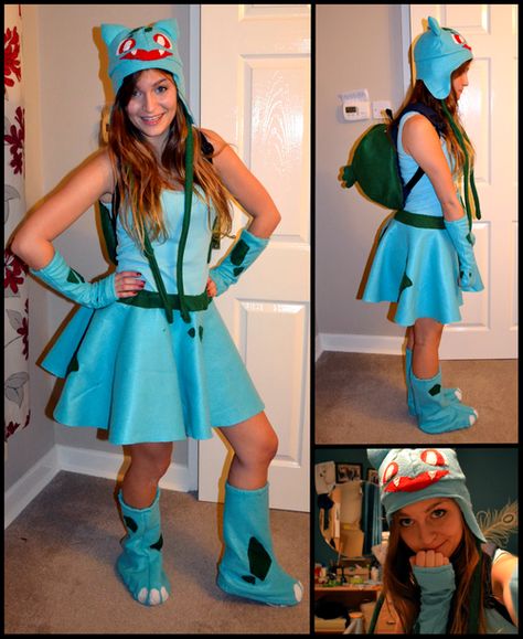 Bulbasaur from Pokemon #nintendo #cosplay Pokemon Fancy Dress, Bulbasaur Costume Women, Pokémon Clothes, Bulbasaur Cosplay, Bulbasaur Costume, Venusaur Cosplay, Bulbasaur Inspired Outfit, Bulbasaur Gijinka, Pokémon Costume