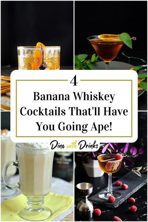 Collage of 4 banana whiskey cocktails. Chocolate Banana Cocktail, Howler Head Whiskey Cocktails, Banana Whiskey Recipes, Banana Old Fashioned Cocktail, Banana Whiskey Cocktail, Cocktails Fruity, Whisky Sour Recipe, Whiskey Mixed Drinks, Whiskey Cocktail Recipes