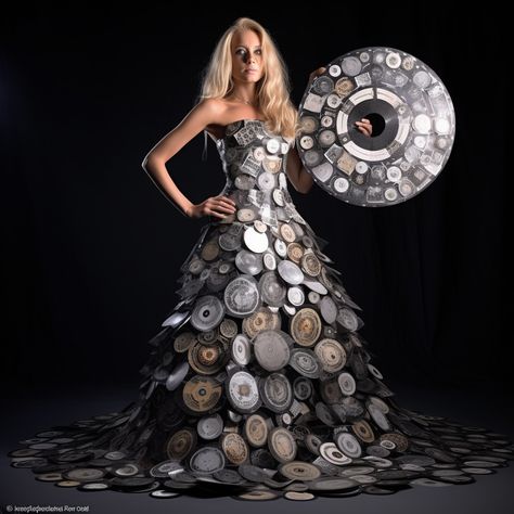 A model showcasing the Film Reel Dress, a captivating gown made from old film reels, reflecting on the transformation of technology and the intersection of art and fashion. Evolution Of Technology, Old Film, Film Reel, Film Reels, Machine Age, Artistic Expression, Art Fashion, Creative Fashion, Halloween Makeup