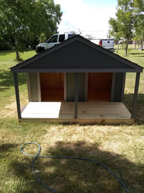 Custom Dog House 6' wide x 5 1/2' deep x 4' tall Call/ text to place your order 832-882-9472 2 Dog House Outdoor, Two Dog Dog House, Dog House For 2 Large Dogs, Diy Big Dog House Outdoor, Shed Turned Into Dog House, Multiple Dog House Ideas Outdoor, Double Dog House Outdoor, Homemade Dog Houses Outside, Multi Dog House