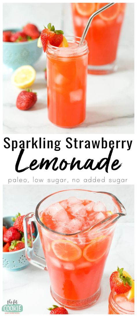 Strawberry Lemonade Punch Non Alcoholic, No Sugar Lemonade, Sparkling Lemonade Mocktails, Healthy Cold Drinks For Summer, Sugar Free Summer Drinks, Strawberry Lemonade Mocktail Recipe, Sparkling Lemonade Punch, Sparkling Strawberry Punch, Low Calorie Summer Drinks Nonalcoholic