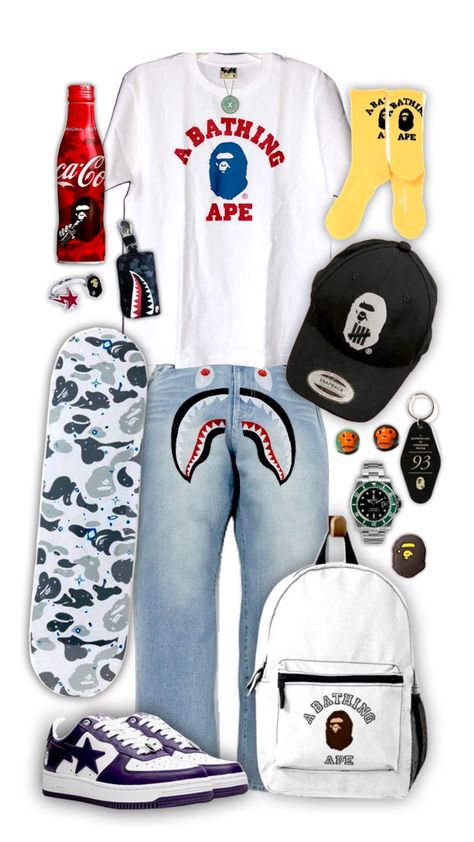 a bathing ape fit #bape #bapesta #abathingape #bathingape #fit #outfit #clothes #inspo #outfitinspo #vintage #fitinspo #shoes A Bathing Ape Outfits, Bathing Ape, A Bathing Ape, Fitness Inspo, Outfit Inspo, Clothes