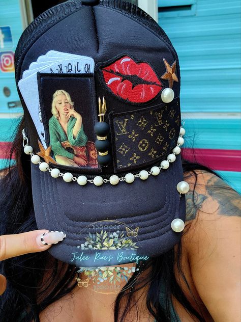 Lady Luck Trucker Hat – Julee Rae's Boutique Diy Trucker Hat With Patches, Diy Trucker Hat Ideas, Hat Bar Ideas, Custom Hat Ideas, Trucker Hats With Patches, Trucker Hat Ideas, Trucker Hat Designs, Trendy Trucker Hats, Bling Socks