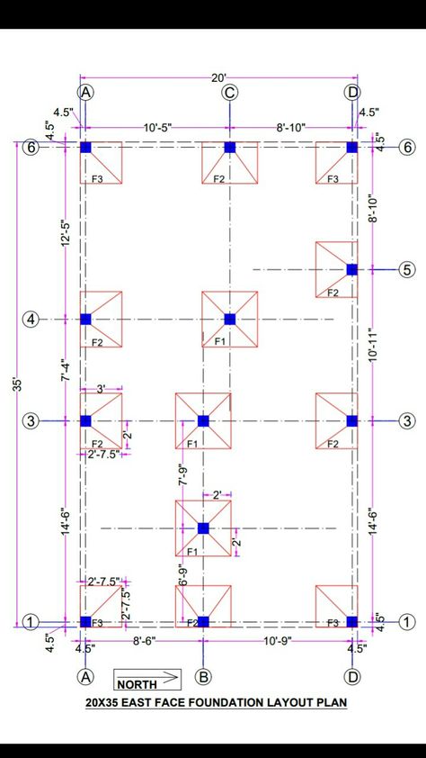 Foundation Layout Plan, 35 X 35 House Plans, Column Layout Plan, Footing Detail Foundation, 20x35 House Plans, Best House Plans Layout, Site Layout Plan, Footing Foundation, Foundation Plan