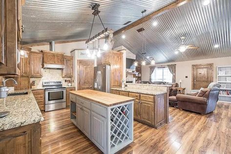 kitchen-with-corrugated-tin-ceiling Metal Ceiling In Kitchen, Kitchen With Tin Ceiling, Tin And Wood Ceiling, Tin Ceilings Ideas, Corrugated Tin Ceiling Kitchen, Metal Interior Ceiling, Tin Ceiling In Kitchen, White Corrugated Metal Ceiling, Tin Ceiling Ideas Rustic Kitchen