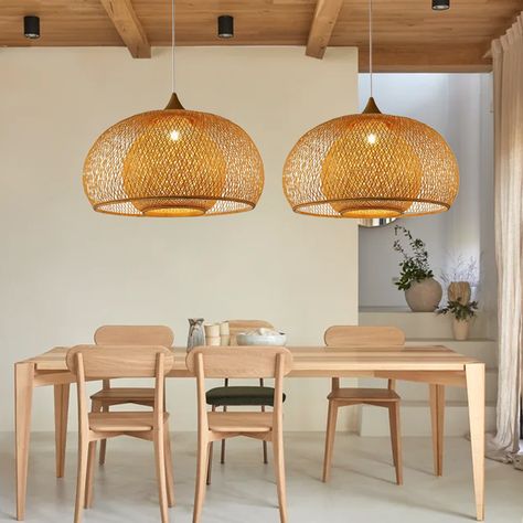 Pendent Lighting Over Dining Room Table, Outdoor Rattan Pendant Light, Rattan Pendant Light Dining Rooms, Rattan Chandelier Dining Room, Cozy Chandelier, Dining Room Lighting Over Table Modern, Bohemian Dining Room Ideas, Dining Room Rattan, Tropical Lighting