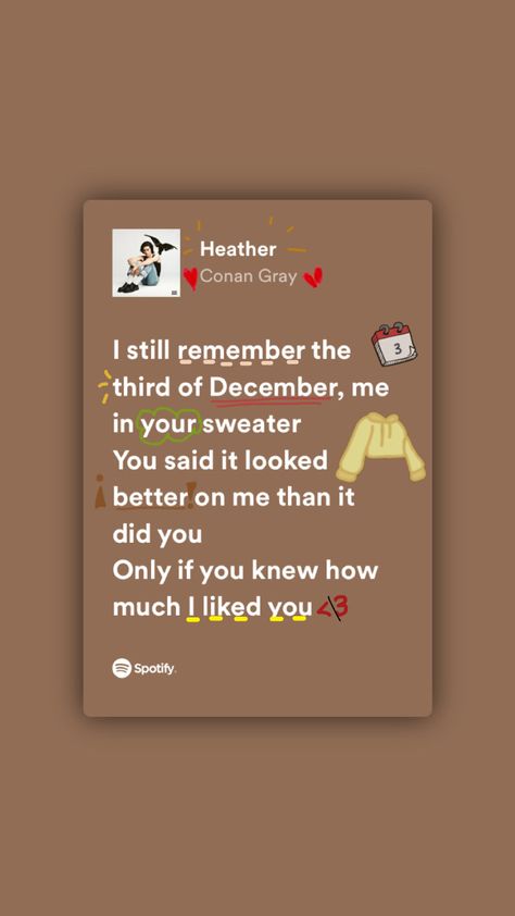 Lyric draw of Heather by Laura Moreno Heather Lyrics Spotify, Heather Conan Gray Lyrics, Heather Spotify, Heather Lyrics, Conan Gray Heather, Heather Conan Gray, Lyric Drawings, Lyrics Spotify, Playlist Ideas