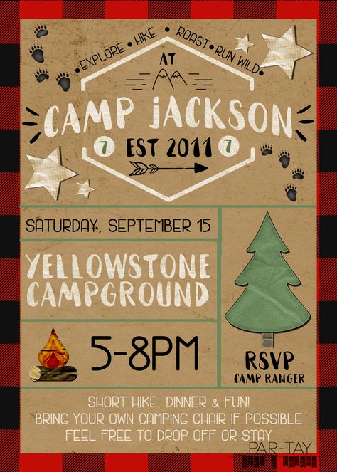 camping party invitation free template Kids Camping Party, Camping Birthday Party Invitations, Camping Party Invitations, Camping Party Decorations, Camping Birthday Invitations, Camping Invitations, Camping Theme Birthday, Adventure Party, Kids Camping