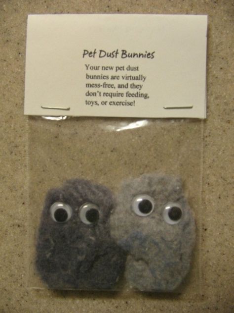 This is a guide about pet dust bunnies. If you are looking for a clever gag gift that doesn't cost much; here it is. These cuties are made of recycled dryer lint. Gift Pranks, White Elephant Gift Ideas Funny, Silly Gift Ideas, Funny Gift Ideas For Christmas, Bunnies Craft, Funny Christmas Gift Ideas, Gift Prank, Neighborhood Gifts, Package Wrapping