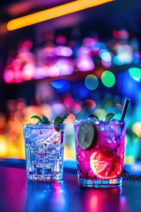 Cocktail in the neon light of the bar. Selective focus. stock photos Coctails Photo Instagram, Cocktail Photography Creative, Foto Bar, Neon Cocktails, Neon Drinks, Aesthetic Cocktails, Cocktail Photography, Fancy Cocktails, Photo Food