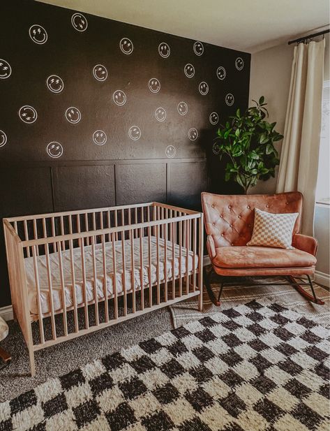 Nursery Decor Black And White, Nursery Checkered Rug, Smiley Face Nursery Theme, Black And White Nursery Decor, Little Boys Nursery Ideas, Vans Themed Nursery, Rad Boy Nursery, Edgy Nursery Ideas, Black Nursery Aesthetic