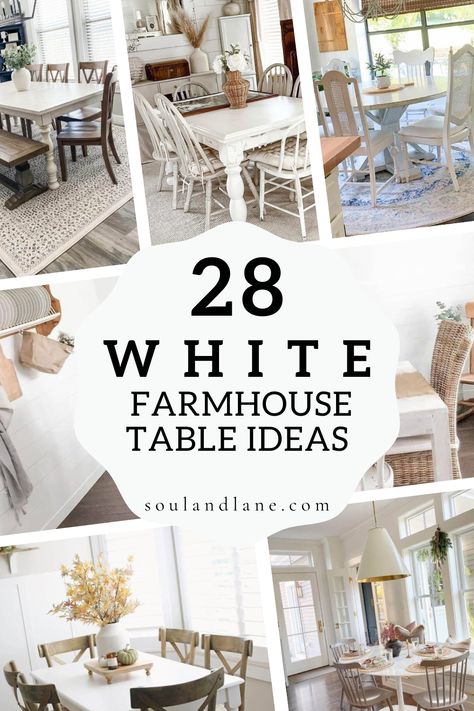 Elevate your dining experience with elegant white farmhouse table designs that blend seamlessly with any decor style. These tables, known for their sturdy construction and spacious surfaces, offer both functionality and beauty to your home. Get inspired by the various ways to incorporate a white farmhouse table into your interior, from minimalist settings to more eclectic mixes that include bold color contrasts and textures. Classic White Kitchen Table, White Farmhouse Interior Design, White Dining Table Decor Ideas, All White Interior House, White Table Dining Room, White Dining Table Decor, Wood Dining Table Decor, Farmhouse Table Ideas, Rustic Industrial Dining Table