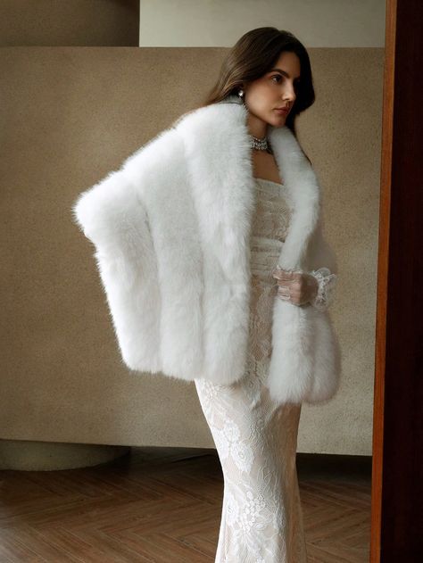 Elegant Women's Faux Fur Shawl, Winter White Casual  Sleeveless Faux Fur Plain  Non-Stretch  Women Clothing, size features are:Bust: ,Length: ,Sleeve Length: White Faux Fur Shawl, Fancy White Dress, Bridal Coat, Shawl Winter, Faux Fur Shawl, Fur Shawl, Winter Chic, Langer Mantel, White Faux Fur