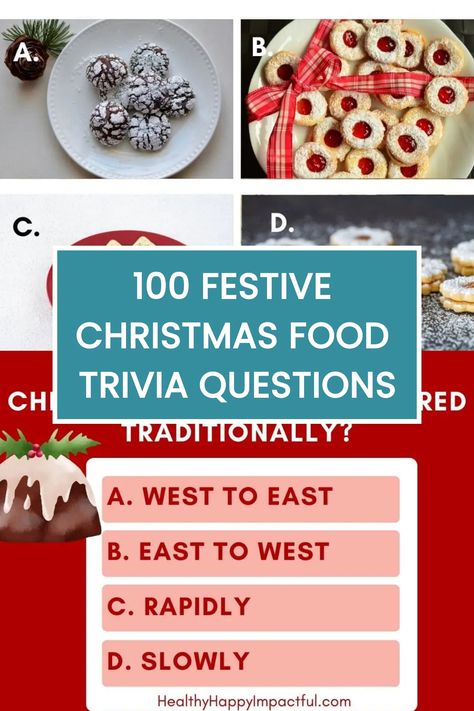 100 Festive Christmas Food Trivia Questions with images of various holiday treats and a question about traditional dining etiquette. Food Trivia Questions And Answers, Festive Christmas Food, Fun Christmas Food, Christmas Trivia Quiz, Christmas Facts, Food Trivia, Christmas Trivia Questions, Christmas Movie Trivia, Traditional Holiday Recipes