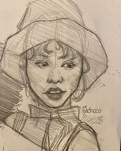 A rough pencil sketch consisting of various pencil hatches portraying a girl with a bucket hat. Beret Drawing, Sketch Of A Girl, Drawing Of A Girl, Face Study, Sketch Drawing, Sketchbook Drawing, Pencil Sketch, Pencil Art, Drawing Inspiration