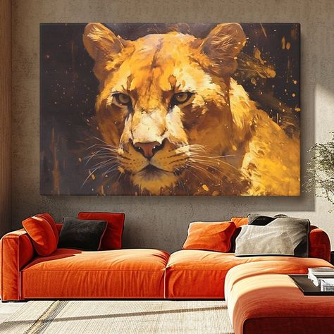 Majestic Lioness Canvas Print for Wildlife Enthusiasts, Perfect Animal Wall Art Gift This majestic lioness canvas print captures the strength and beauty of one of the jungle's most powerful predators. The vivid colors and lifelike details make it an eye-catching piece of wall decor, perfect for adding a bold statement to any space. Ideal for wildlife enthusiasts, this artwork suits living rooms, offices, or bedrooms. Complement it with other animal-themed wall art or modern canvas prints to crea Lioness Art Queens, Lioness Painting Acrylic, Lion Painting Acrylic Canvases, Lion Artwork Abstract, Colourful Lion Painting, Wildlife Decor, Woodland Art, Wildlife Prints, Nature Artwork