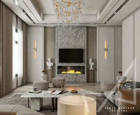 Living room with Neo-classic style on Behance Leaf Pictures, Tv Room Design, Luxury Living Room Design, Classic Interior Design, Classic Living Room, Tv Wall Design, Wall Bracket, Living Room Tv Wall, Elegant Living Room