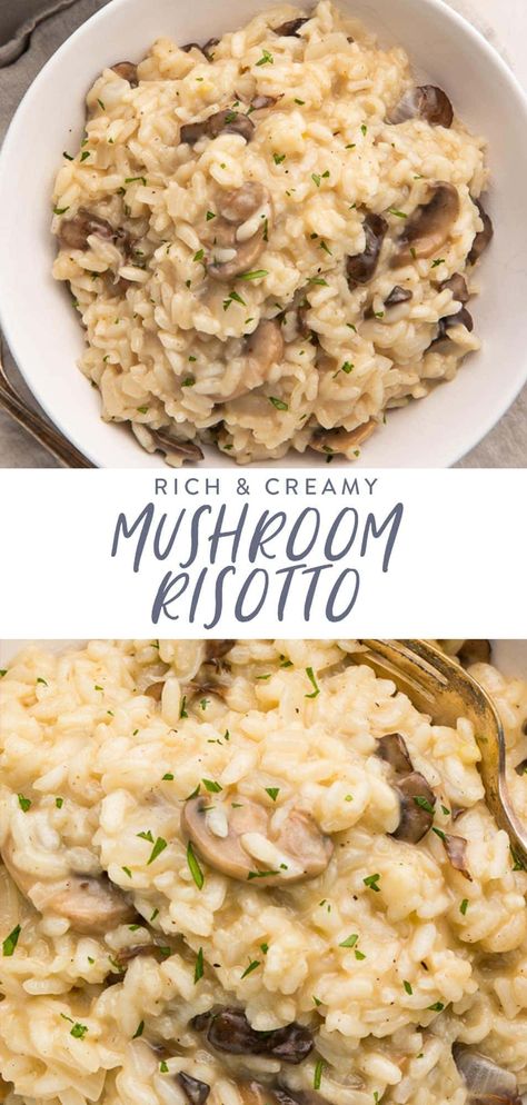 This mushroom risotto is the best out there! Based on the perfect risotto recipe, fortified with deliciously savory mushrooms sautéed in butter, this recipe makes for an excellent main course or side dish when you're craving restaurant-quality food and want to impress (your guests or your tastebuds!). White Wine Mushroom Risotto, Rosoto Recipes Risotto Mushroom, Gluten Free Mushroom Risotto, Mushroom Parmesan Risotto, Authentic Risotto Recipes, Mushroom Rissoto Recipe, Yummly.com Recipes, Rissoto Recipes Easy Mushroom, Balsamic Risotto