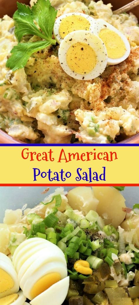 Great American Potato Salad is a fantastic salad to go with your barbecue. This reminds me of growing up and having get togethers with family and good friends.  This great american potato salad recipe combines hard boiled eggs, potatoes, chopped onions, diced  celery, and chopped pickles with Miracle Whip salad dressing, mustard, celery seed, salt and pepper to make the most delicious potato salad ever. Use red or gold potatoes. If you don't have celery seed, you can just leave it out.  I Delicious Potato Salad, American Potato Salad, Salad To Go, Eggs Potatoes, Southern Style Potato Salad, Best Potato Salad Recipe, Potato Salad Dressing, Southern Potato Salad, Red Potato Salad