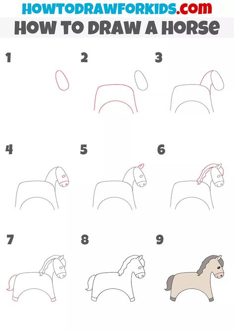 How to Draw a Horse - Easy Drawing Tutorial For kids Horse Step By Step Drawing, Easy Horse Drawing Step By Step, Horse Journal Ideas, Draw Horse Easy, How To Draw A Horse Step By Step, Horse Drawing Simple, Horse Easy Drawing, How To Draw A Horse, Horse Drawing Easy