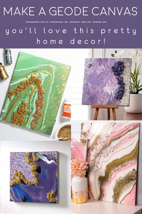 Learn how to make a DIY geode canvas in three steps! This home decor project is a great way to add beautiful art to your wall, on a budget. Modge Podge Painting Canvas, Gold Canvas Art Diy, Modge Podge Glass, Geode Canvas, Altered Objects, Diy Geode, Geode Wall, Diy Paintings, Purple Painting