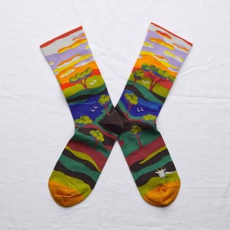 Bonne Maison-Bonne Maison - Multicolor Tree Cotton Socks - 36/38 | cotton | Multicolor Chloe Store, Le Basket, Buttercup Yellow, Fun Socks, Striped Socks, Calf Socks, Orange Background, French Brands, Colorful Socks