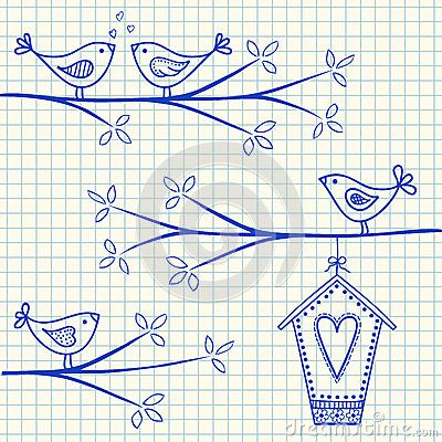 A Tree Drawing, Birds Doodle, Doodling Ideas, Bird Doodle, Birds Sitting, Embroidery Hoop Wall, Simple Wall Art, Beautiful Art Paintings, Redwork Embroidery