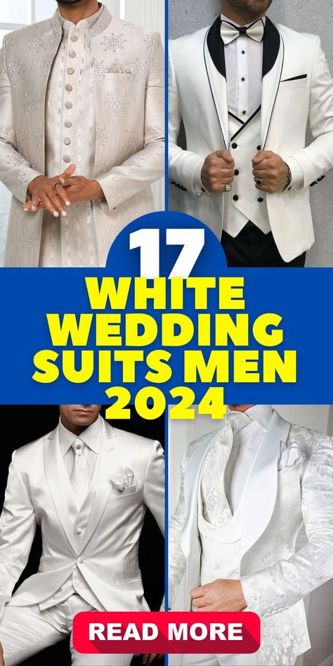 Chic White Wedding Suits Men 2024 Guide - The ageless allure of Black tuxedos groom attire is reimagined for 2024, blending harmoniously with Pathani for the groom and modern jacket wedding designs. With mens diamond accessories and a dash of gold mens elements, paired perfectly with shoes, this look exemplifies opulence and style. Ivory Tuxedo Wedding, White Tuxedo For Men Wedding, White Wedding Suits For Men, Ivory Tuxedo, White Wedding Suit, Modern Groom, Classic Tuxedo, White Tuxedo, Green Suit