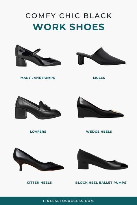 Looking for stylish, low to medium-heel black shoes for work? Explore the most comfortable and stylish options to elevate your office look | SAVE this for later 📌 
#firstimpressions #presence #workwear #officewear #blackshoes #workshoes #dressshoes #officechic #womensshoes #officelook #musthave Comfy Heels For Work, Shoes For The Office, Black Work Shoes, Shoes For Work, Comfortable Work Shoes, Stylish Heels, Office Wear Women, Wedge Loafers, Women Office