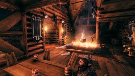 Valheim Interior, Viking Hall, Chimney Design, Tropical Style Interior, Viking House, Trophy Display, Viking Life, Latest Interior Design Trends, Simple House Design