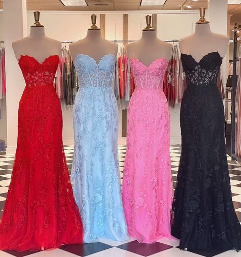 Bella Boutique on Instagram: “These @sherrihill beauties just hit our floor! We can’t decide which color is our favorite 🤩 Come in and shop with us today 12-7 for that…” Mermaid Prom Dresses Lace, Mermaid Sweetheart, Strapless Evening Dress, Winter Formal Dresses, Corset Dress Prom, Lace Mermaid, Long Prom Dresses, Black Prom Dresses, Prom Dresses Lace