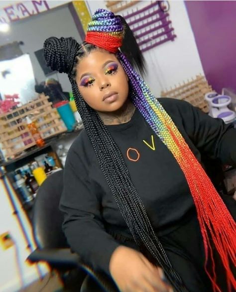 Multi Colored Braids, Black Box Braids, Half And Half Hair, Colored Box Braids, Rainbow Braids, Colored Braids, Girls Hairstyles Braids, Girls Braids, Braids For Black Women