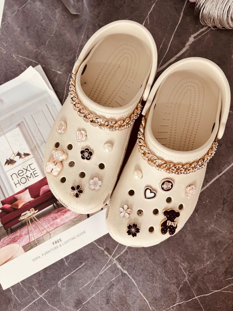 Bone Color Crocs With Charms, Aesthetic Crocs, Crocs For Women, Crocs With Charms, Bling Crocs, Crocs Outfit, Crocs Women, White Crocs, Comfortable Work Shoes