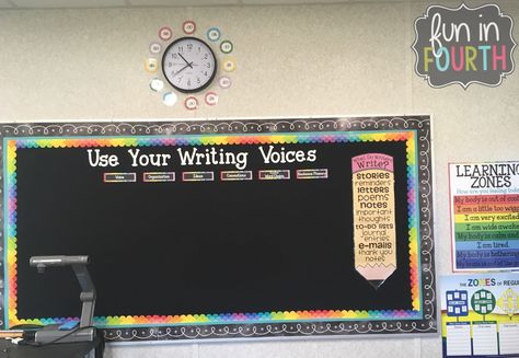 Black and Rainbow Classroom Reveal | Fun in Fourth Black And Rainbow Classroom, 6 Traits Of Writing, Voice Level Charts, Classroom Library Labels, Classroom Library Organization, Crate Seats, Writing Voice, Library Labels, Creative Teaching Press