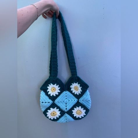 Brand New Granny Square Shoulder Bag . It Is Two Shades Of Blue With Flower Designs . Granny Square Shoulder Bag, Crochet Granny Square Bag, Crochet Tote Pattern, Square Shoulder Bag, Womens Crochet Patterns, Crochet Panda, Granny Square Bag, Small Crochet, Crochet Cow