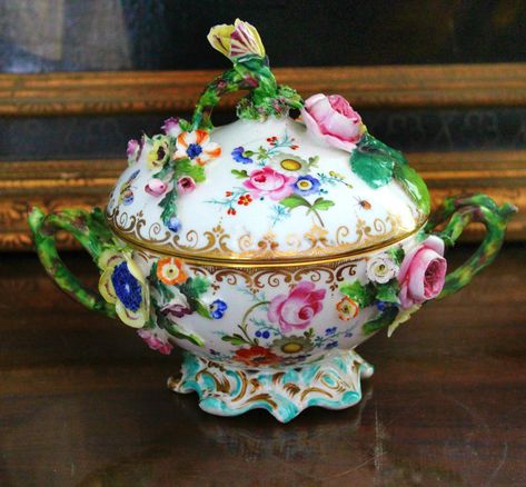 Rare example of Dresden Art of the 19th Century - porcelain Potpourri bowl hand decorated with Dresden floral, butterflies and insects and encrusted flowers. Meissen style marked with artist initial E D on the bottom of the body. It measures approximately 6.5'' h x 8'' w. Has a hairline on the lid - see photos - and couple minor chips to the encrusted flowers. Overall - very good. Display with pride as a centerpiece for your most elegant dinner parties, this piece will make your collection of lu Dresden China, Initial E, Chintz China, Tea Party Table, Meissen Porcelain, Elegant Dinner Party, Dresden Porcelain, China Dishes, Tea Party Garden