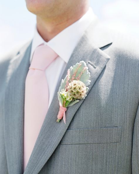 64 Boutonnières You Both Will Love Martha Stewart Weddings Flowers, Groomsmen Accessories, Groomsmen Boutonniere, Dusty Miller, Mint Wedding, Boutonniere Wedding, Theme Color, Gray Weddings, Pink Tie