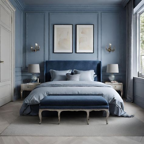 Blue Color Bedroom Design, Light Blue Wardrobe Bedroom, Art Deco Blue Bedroom, Luxury Bedroom Paint Colors, Blue Classic Bedroom, Bedroom Furniture Colour Combination, Bedroom With Blue Bed, Pale Blue Bedroom Ideas, Blue Tufted Bed