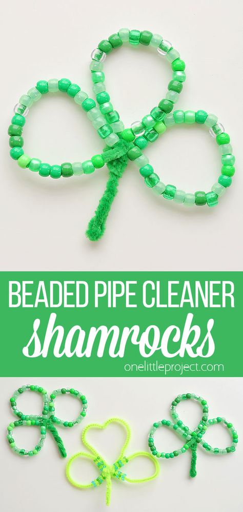 These beaded pipe cleaner shamrocks are SO CUTE and they're so easy to make! This is such a great St. Patrick's Day craft and a super fun spring activity for kids. Using dollar store supplies you can make these little good luck charms in less than 10 minutes! Shamrock Craft, Spring Activity, March Crafts, St Patricks Crafts, St Patricks Day Crafts For Kids, St. Patrick’s Day, March Activities, St Patrick Day Activities, Pipe Cleaner Crafts