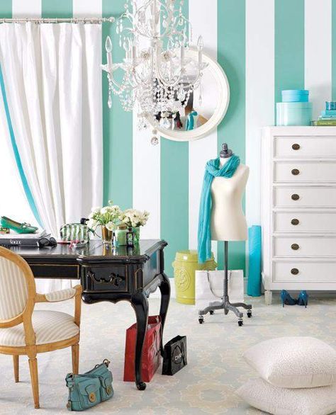 10 ways to add Tiffany Blue-inspired hues to your home | Style at Home Tiffanys Decor, Tiffany Blue Rooms, Blue Striped Walls, Stripe Wall, Craft Room Design, Striped Walls, Design Del Prodotto, Blue Rooms, Office Room