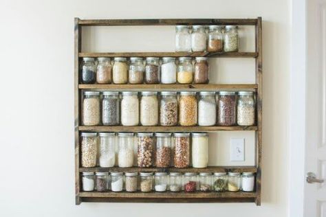 Mason jars might just be the greatest invention ever. Whether you enjoy canning with them in the fall or you just have a few around that you use for various crafts and DIY projects, these things are just so versatile! I love how you can totally turn them into something completely different than... Mason Jar Pantry, Diy Storage Pantry, Jar Pantry, Pantry Shelf Organizer, Jar Organization, Mason Jar Shelf, Diy Kitchen Shelves, Mason Jar Organization, Mason Jar Storage